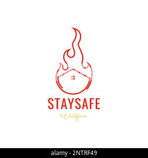 stay save home house fire flame minimalist line logo design icon vector illustration Stock Vector