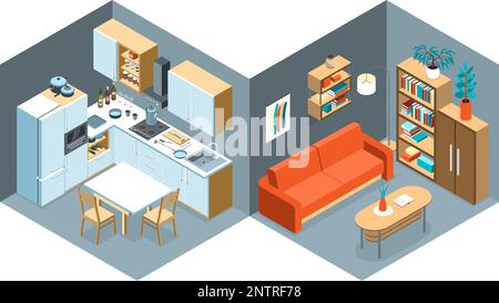 Isometric kitchen interior composition with indoor view of modern ...