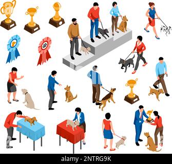 Isometric dog show set with isolated icons of trophy cups winners podium and masters with dogs vector illustration Stock Vector