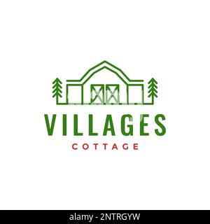 village cottage home warehouse wood trees relax green line minimalist logo design vector Stock Vector