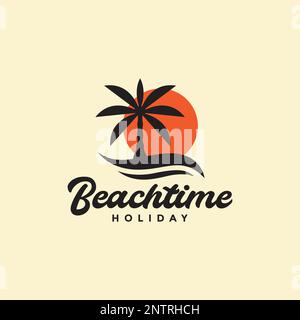 beach time holiday sunset coconut trees simple vintage logo design vector icon illustration Stock Vector