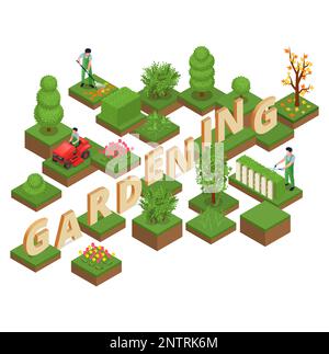Gardening isometric design concept set of natural landscapes with decorative trees shrubs and green lawns vector illustration Stock Vector