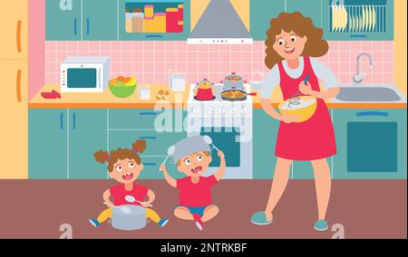 Children bad behavior flat compositons with naughty kids and mom on a kitchen vector illustration Stock Vector