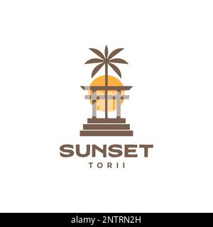 japan torii gate coconut tree sunset relax culture logo design vector icon illustration Stock Vector