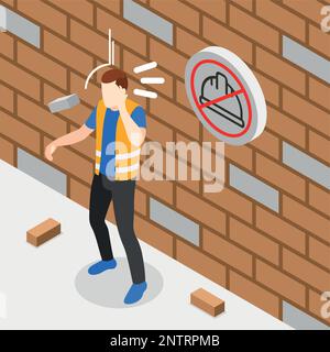 Safety precaution at work place isometric background with man hit with falling brick vector illustration Stock Vector