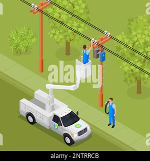 Electrical works isometric background with professional electricians working on power line support and pole vector illustration Stock Vector