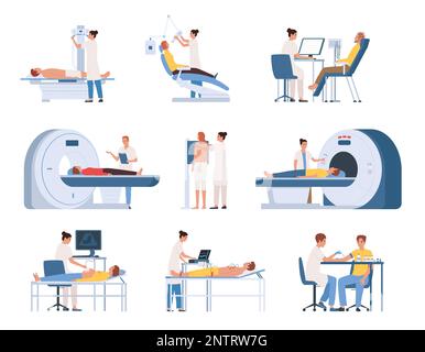 Medical diagnosis equipment flat icon set X rays MRIs CT scans ultrasounds and various other medical procedures vector illustration Stock Vector