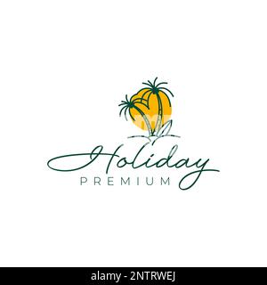 beach seashore sunset holiday surfboard coconut trees minimalist logo design vector icon Stock Vector