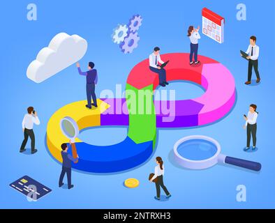 Devops Infographics isometric background abstract with big multicolored infinity sign it icons and small businesspeople characters vector illustration Stock Vector