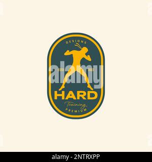young man strong self-defense art badge vintage logo design vector icon illustration Stock Vector
