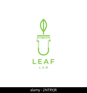 minimalist laboratory glass leaves formula growth logo design vector icon illustration Stock Vector