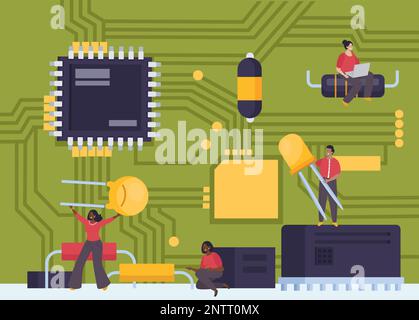 Microchip flat composition with tiny people holding electronic components on circuit board background vector illustration Stock Vector