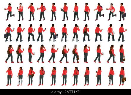 Walking black people isometric big set of male and female characters in red clothes isolated vector illustration Stock Vector