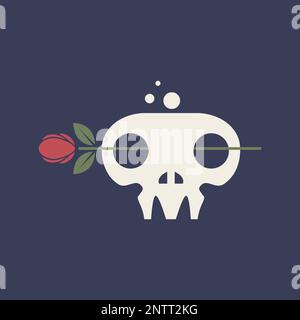 skull cranium brain pan rose flowers retro clean simple logo design vector Stock Vector