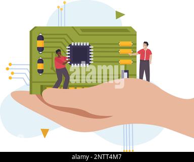 Flat microchip concept with human hand holding computer component and tiny people vector illustration Stock Vector