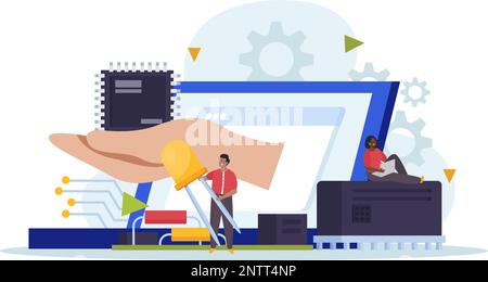 Microchip and computer hardware flat style concept with tiny people holding laptop and electronic circuit component vector illustration Stock Vector