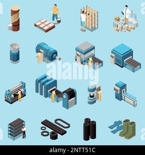 Rubber production technology isometric set of mixing rollers compression press equipment for vulcanization and finished products isometric vector illu Stock Vector