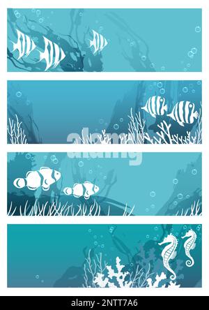 Vector Undersea Creatures Card Set With Tropical Fishes And Sea Horses Isolated On A White Background. Stock Vector