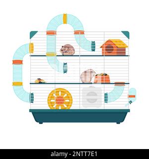 Domestic three level enclosure for hamster with food bowl tunnel exercise wheel flat cartoon vector illustration Stock Vector