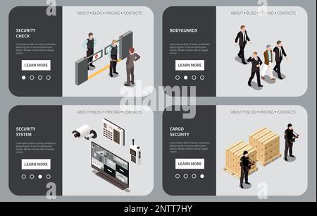Security service isometric landing pages set with information about video surveillance systems bodyguards work cargo security 3d vector illustration Stock Vector
