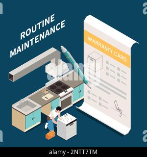 Routine maintenance isometric background with master character repairing dishwasher and big sheet of warranty card vector illustration Stock Vector