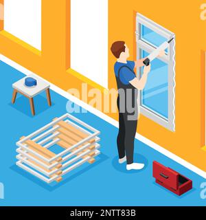 Renovation worker installing plastic windows isometric concept vector illustration Stock Vector