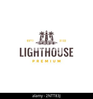 beach coast coconut trees lighthouse building hipster colored logo design vector icon illustration Stock Vector