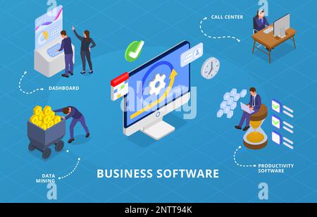 business software infographics background depicting call center productivity software data mining dashboard isometric icons vector illustration Stock Vector