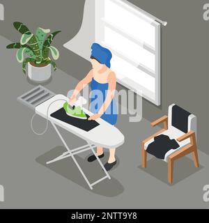 People morning routine isometric composition with woman ironing clothes vector illustration Stock Vector