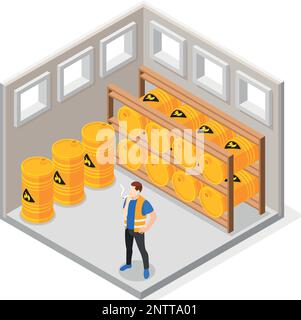 Safety precaution at work place concept with worker smoking near flammable objects isometric vector illustration Stock Vector