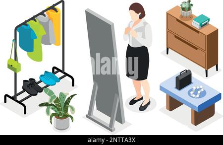 People morning routine isometric icons set with women dressing up in her room vector illustration Stock Vector