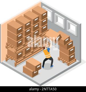 Safety pracaution at work place isometric composition with falling boxes in storage vector illustration Stock Vector