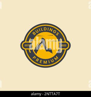 building excavator sunset afternoon circle badge vintage logo design vector icon illustration Stock Vector