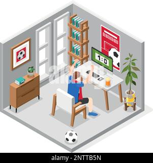 Sports betting isometric composition with male fan watching football match at home vector illustration Stock Vector