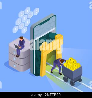 Business software abstract background depicting cloud computing and data mining technologies isometric vector illustration Stock Vector