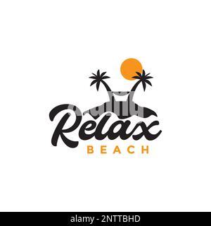 coconut trees and hammock holidays beach sunset relax vintage logo design vector icon Stock Vector