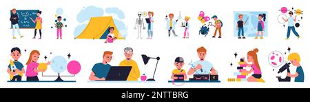 Stem camp children set with study and rest symbols flat isolated vector illustration Stock Vector