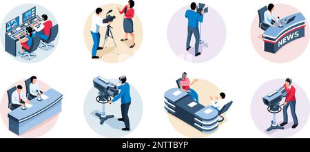 Tv news studio isometric set of compositions with anchormen and cameramen broadcasting program isolated vector illustration Stock Vector