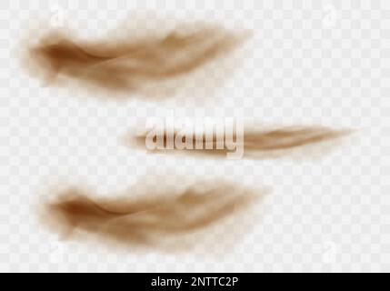 Desert sandstorm set, brown dusty clouds or dry sand flying with gust of wind, explosion collection realistic texture vector illustration isolated on transparent background Stock Vector