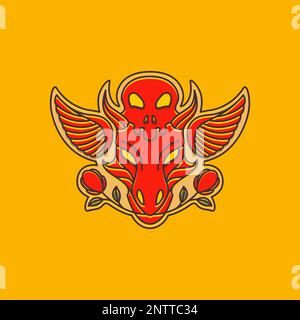 head dragon wings skull cranium ancient rose flowers sticker colored logo design vector Stock Vector
