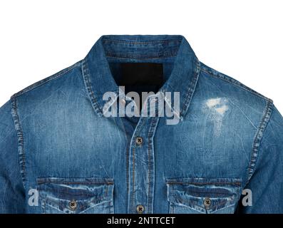 Men's blue denim shirt on an invisible mannequin isolated on a white background, close-up. Stock Photo