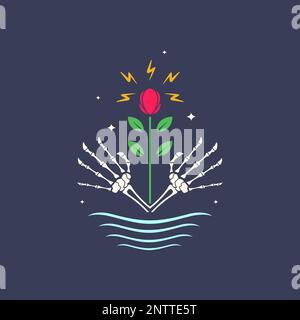 art hand skull waters flowers thunderbolt dark night logo design vector Stock Vector