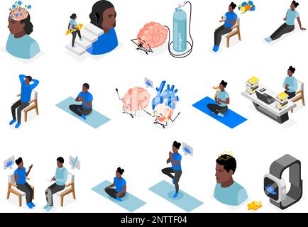 Mindfulness and meditation isometric set of recolor icons with isolated conceptual images of brain mental routines vector illustration Stock Vector