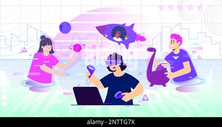 Metaverse flat composition with user wearing vr headset and people interacting with objects in virtual reality vector illustration Stock Vector