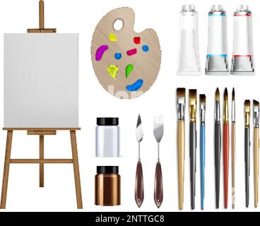 Artist tools oil paint realistic set with isolated images of paint brushes palette and drawing easel vector illustration Stock Vector