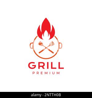 pan grill cooking food spatula fire flame relax minimalist logo design vector Stock Vector