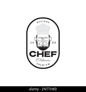 cartoon mascot cute chef master old man bearded sunglasses hat cooking badge minimal logo design vector Stock Vector