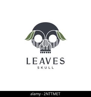 skull cranium brain pan head leaves nature line minimal hipster logo design vector Stock Vector