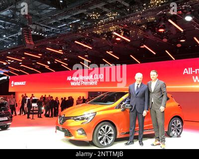 Thierry Bolloré (L), Renault CEO, stands in front of Renault's All-new Clio  at Geneva International Motor Show in Geneva, Switzerland on march 5, 2019.  The show will be open to public on