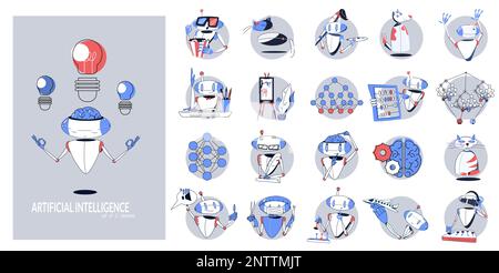 Artificial intelligence flat round isolated composition set with computer vision network creativity and other descriptions vector illustration Stock Vector